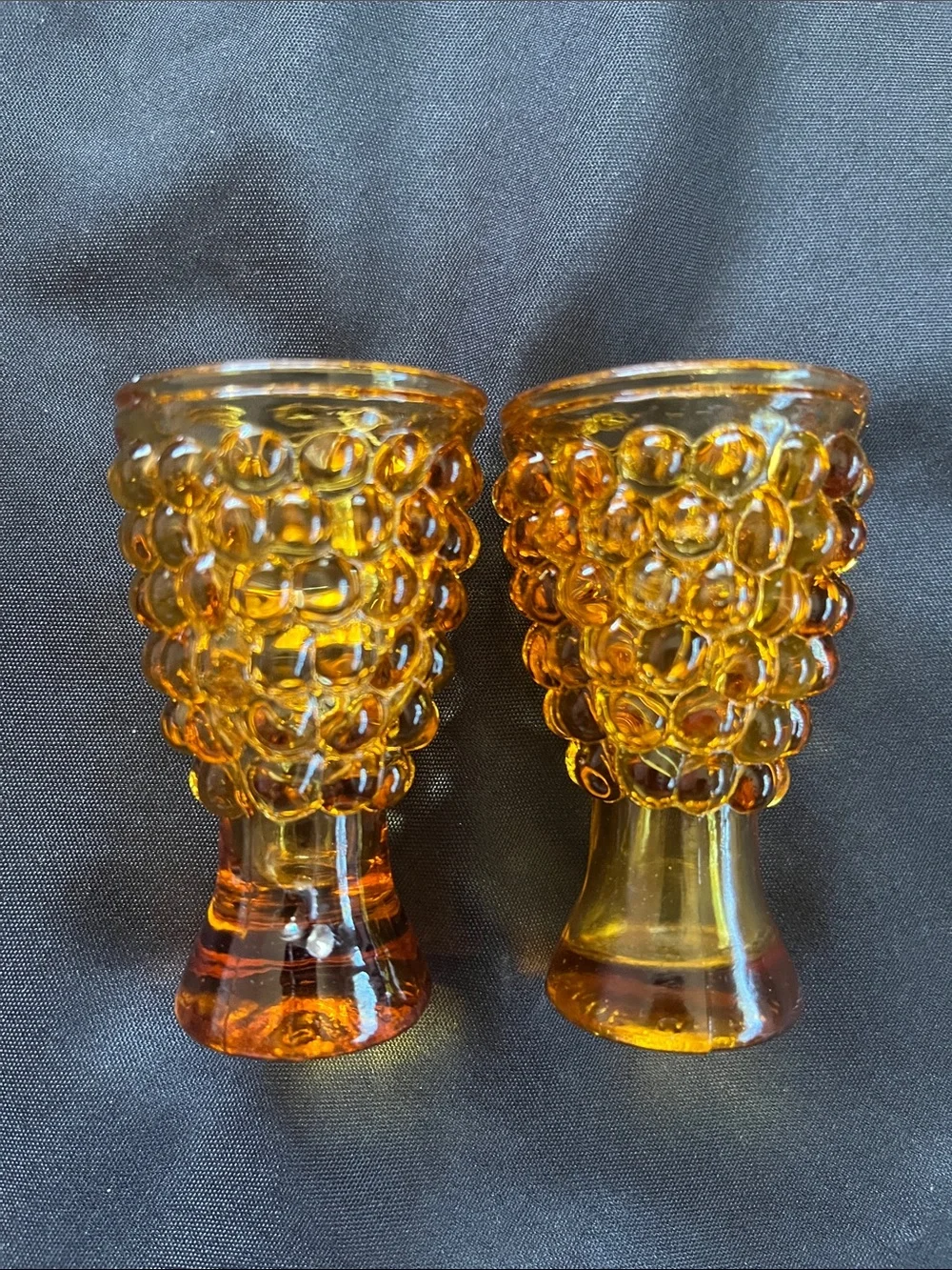 Pair Vtg Amber Glass Hobnail Shot Or Cordial Glasses MCM Bar Taiwan *READ*